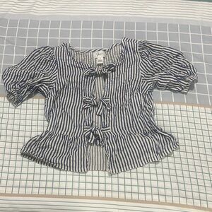 Striped Blue and White Blouse with Bow Details